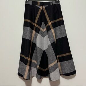 Vintage JC Penny Black Tan Grey Plaid Wool Midi A-Line Skirt